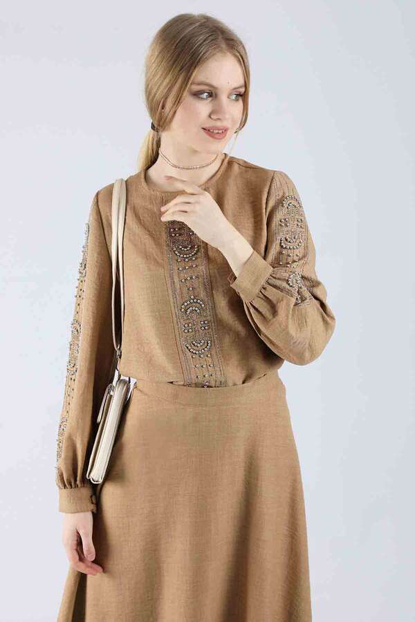 Stone Printed Skirt Suit Camel - 2