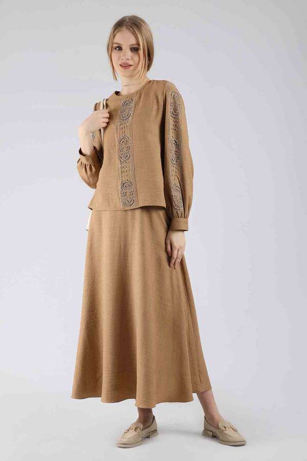 Stone Printed Skirt Suit Camel - 3