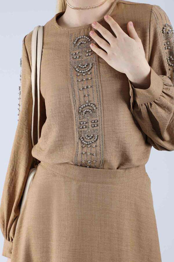 Stone Printed Skirt Suit Camel - 4
