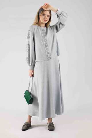 Stone Printed Skirt Suit Grey - 3