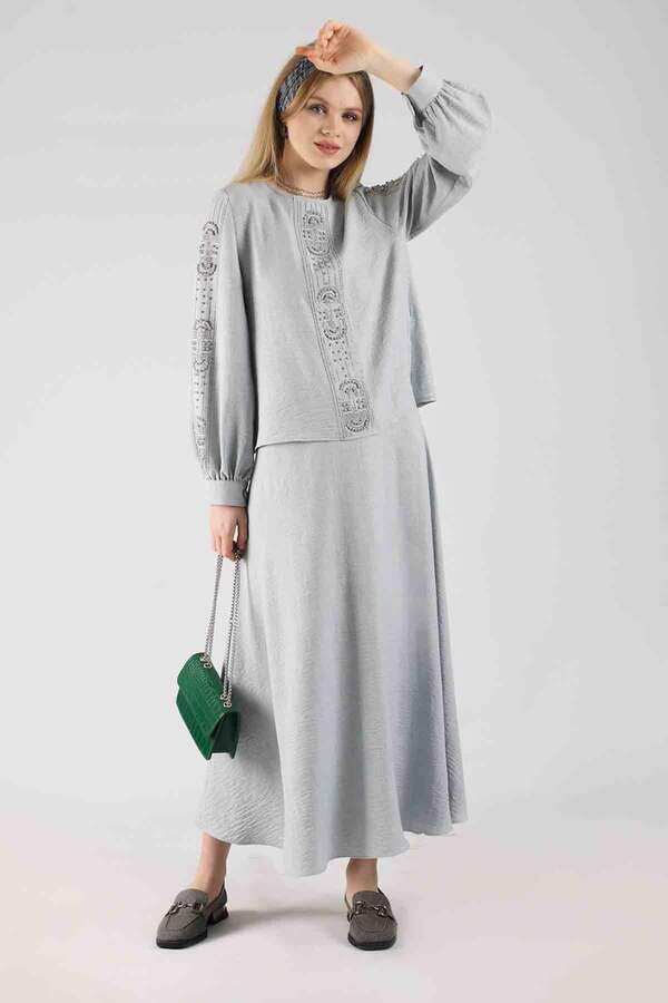 Stone Printed Skirt Suit Grey - 3