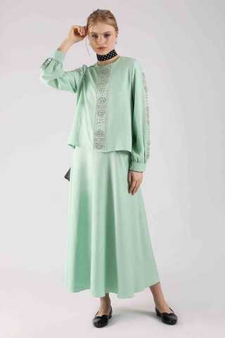 Stone Printed Skirt Suit Water Green - 1