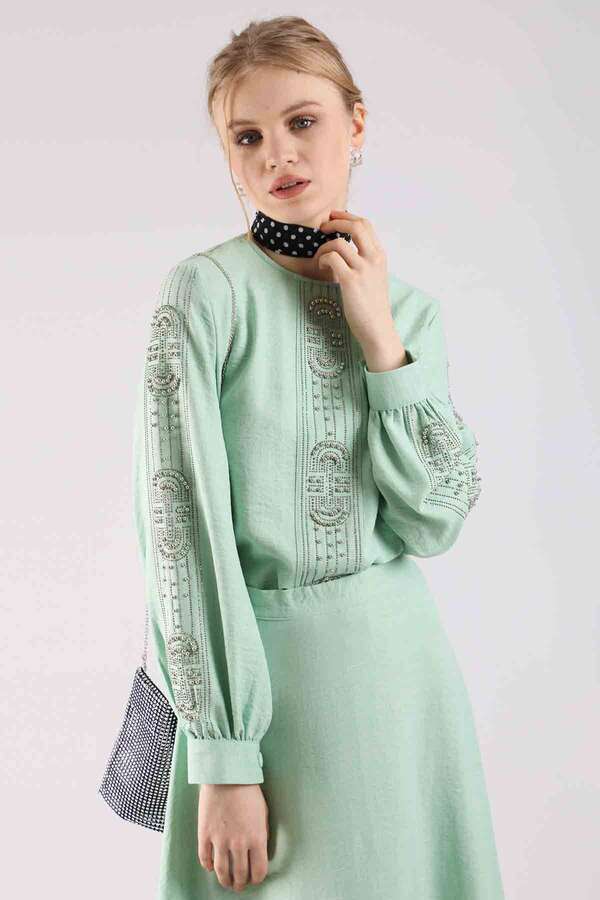 Stone Printed Skirt Suit Water Green - 2