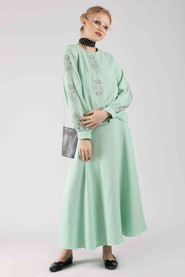 Stone Printed Skirt Suit Water Green - 3