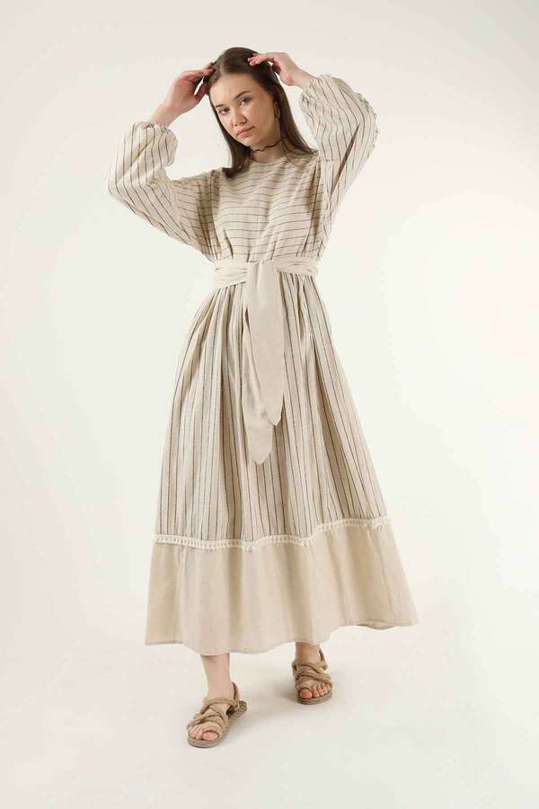 Striped Pleated Dress Black - 1