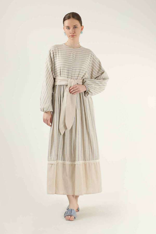 Striped Pleated Dress Blue - 1