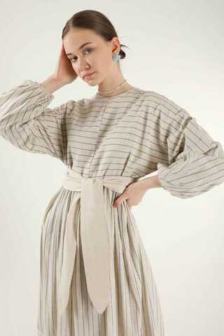 Striped Pleated Dress Blue - 4