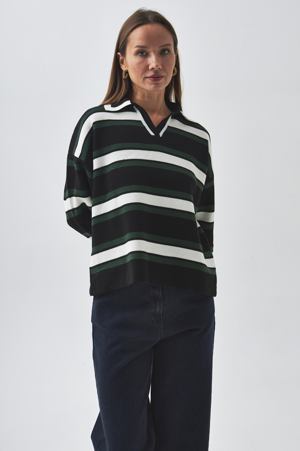 Striped Polo Sweater Black - 5