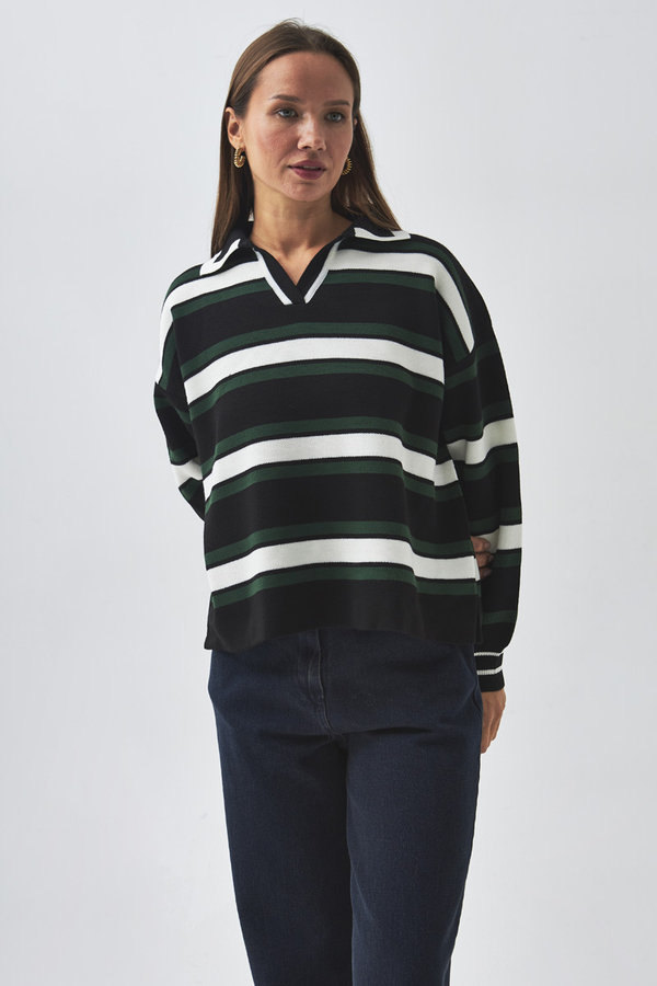 Striped Polo Sweater Black - 6