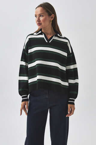 Striped Polo Sweater Black - 7