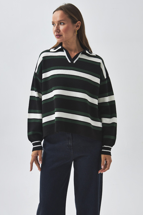Striped Polo Sweater Black - 7