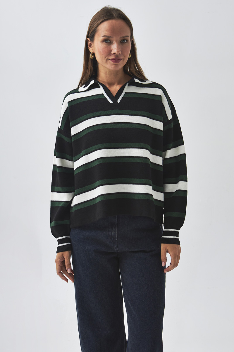 Striped Polo Sweater Black