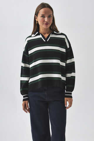 Striped Polo Sweater Black - 1