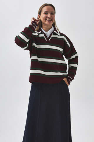 Striped Polo Sweater Burgundy - 1