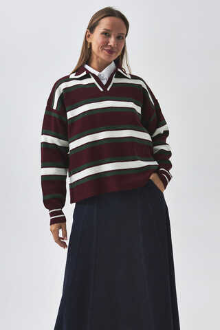 Striped Polo Sweater Burgundy - 4