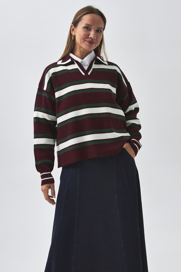 Striped Polo Sweater Burgundy - 4