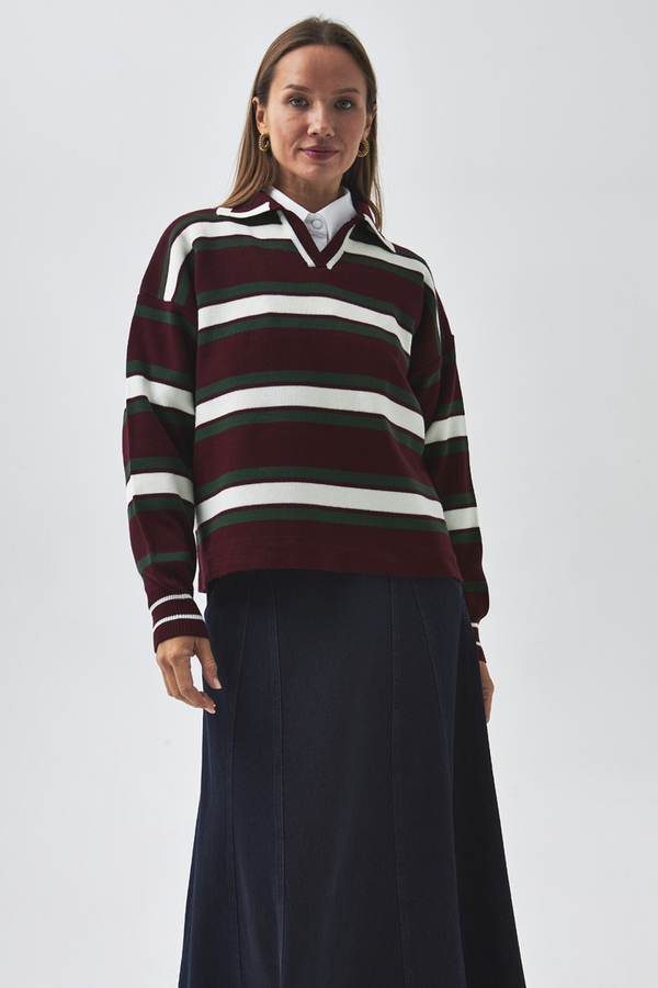 Striped Polo Sweater Burgundy - 6