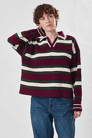 Striped Polo Sweater Burgundy - 2