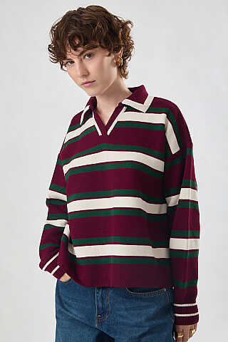 Striped Polo Sweater Burgundy - 4