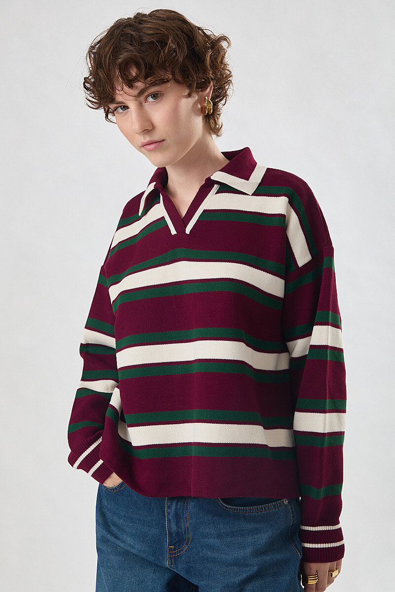 Striped Polo Sweater Burgundy - 4