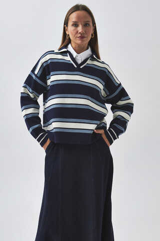 Striped Polo Sweater Navy - 4