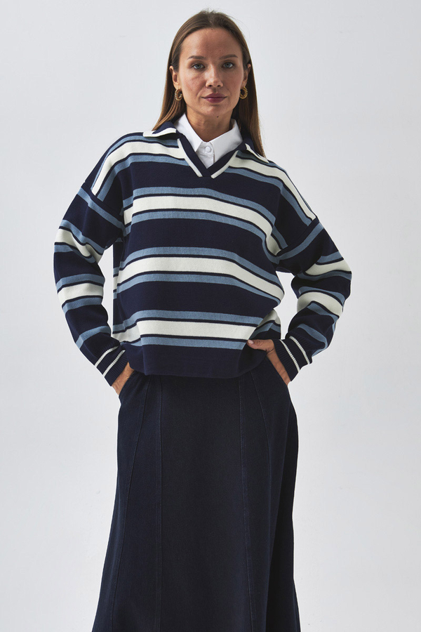 Striped Polo Sweater Navy - 4