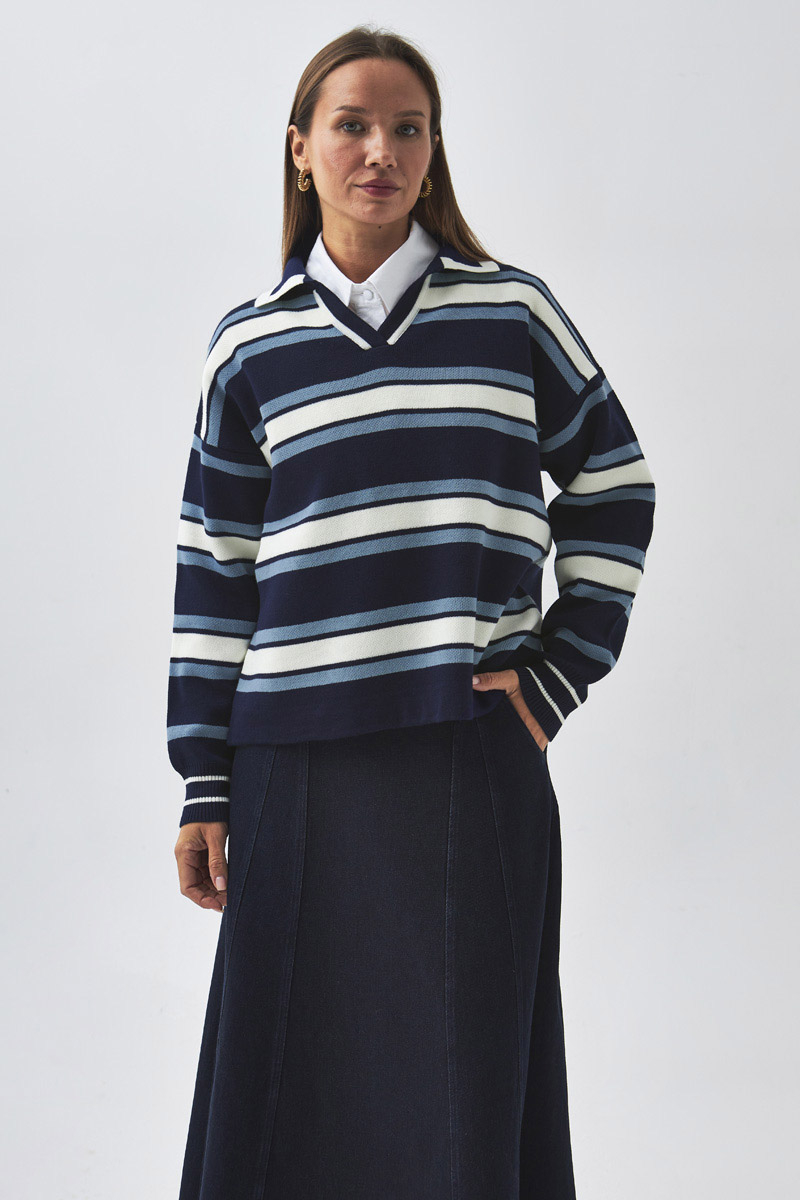 Striped Polo Sweater Navy