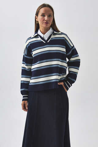 Striped Polo Sweater Navy