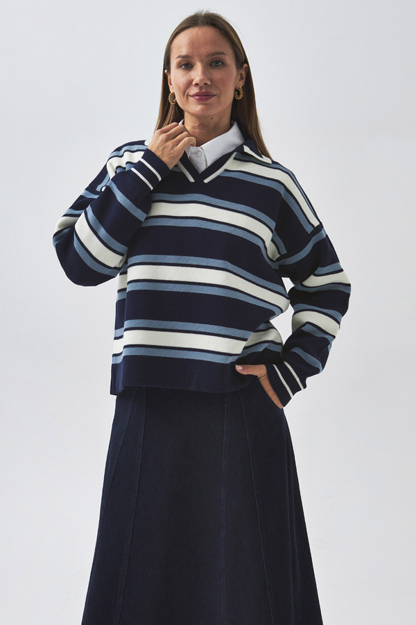 Striped Polo Sweater Navy - 5
