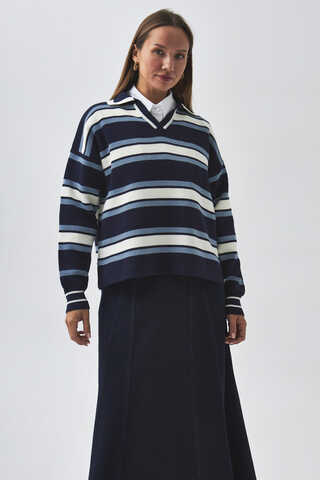 Striped Polo Sweater Navy - 7