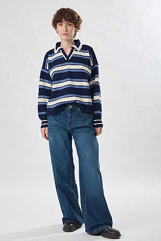 Striped Polo Sweater Navy - 1