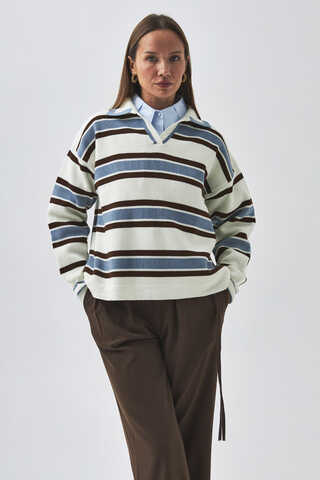 Striped Polo Sweater White
