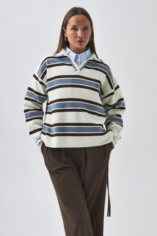 Striped Polo Sweater White 