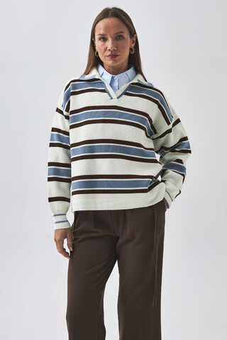 Striped Polo Sweater White - 4