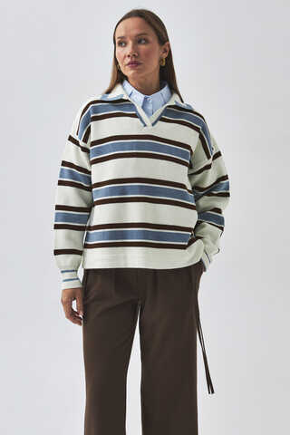 Striped Polo Sweater White - 5