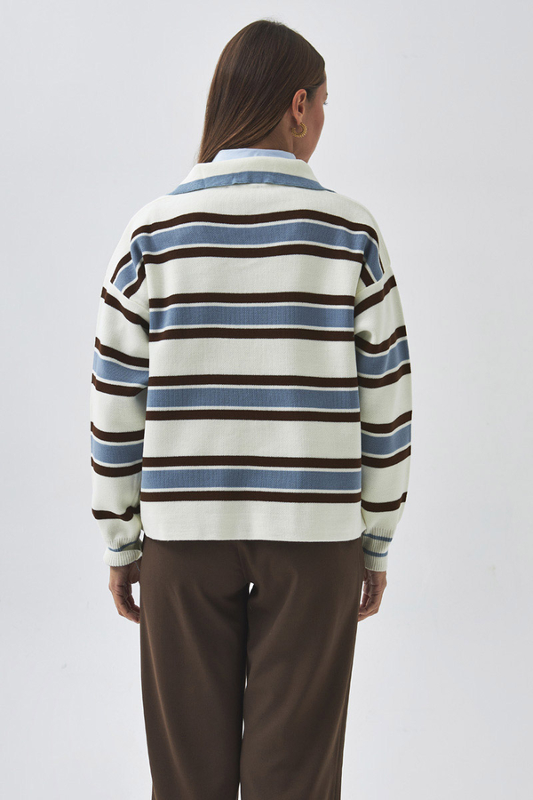 Striped Polo Sweater White - 6