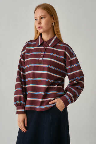 Striped Printed Sweatshirt Burgundy - 8
