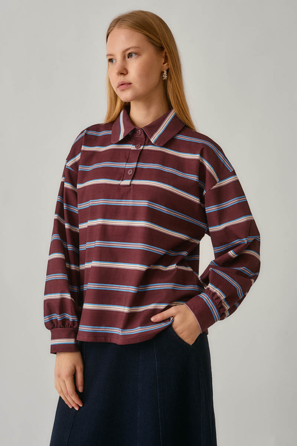Striped Printed Sweatshirt Burgundy - 8