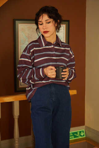 Striped Printed Sweatshirt Burgundy - 2