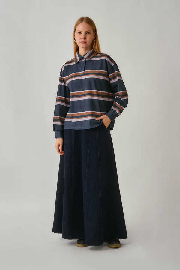 Striped Printed Sweatshirt Navy - 5