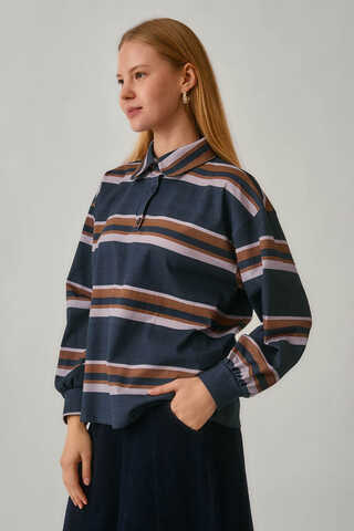 Striped Printed Sweatshirt Navy - 6
