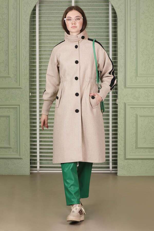 Striped Sleeve Stamp Coat Beige - 1