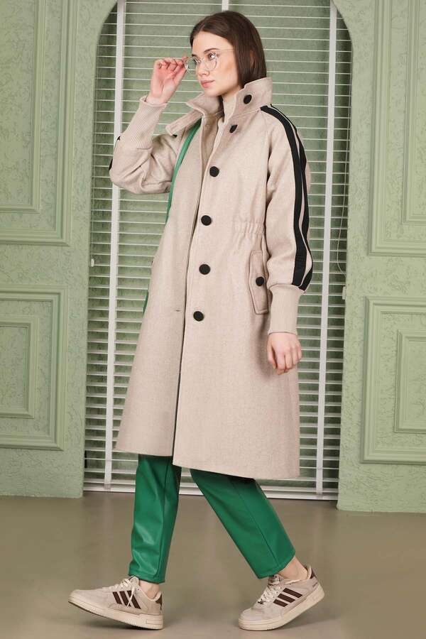 Striped Sleeve Stamp Coat Beige - 3
