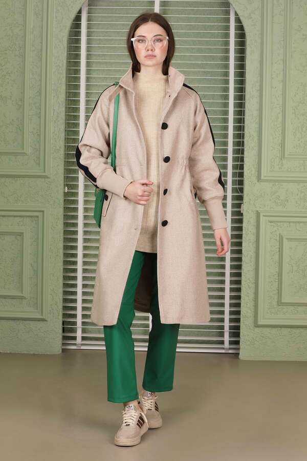 Striped Sleeve Stamp Coat Beige - 4