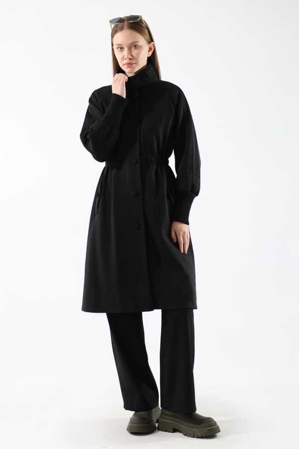Striped Sleeve Stamp Coat Black 