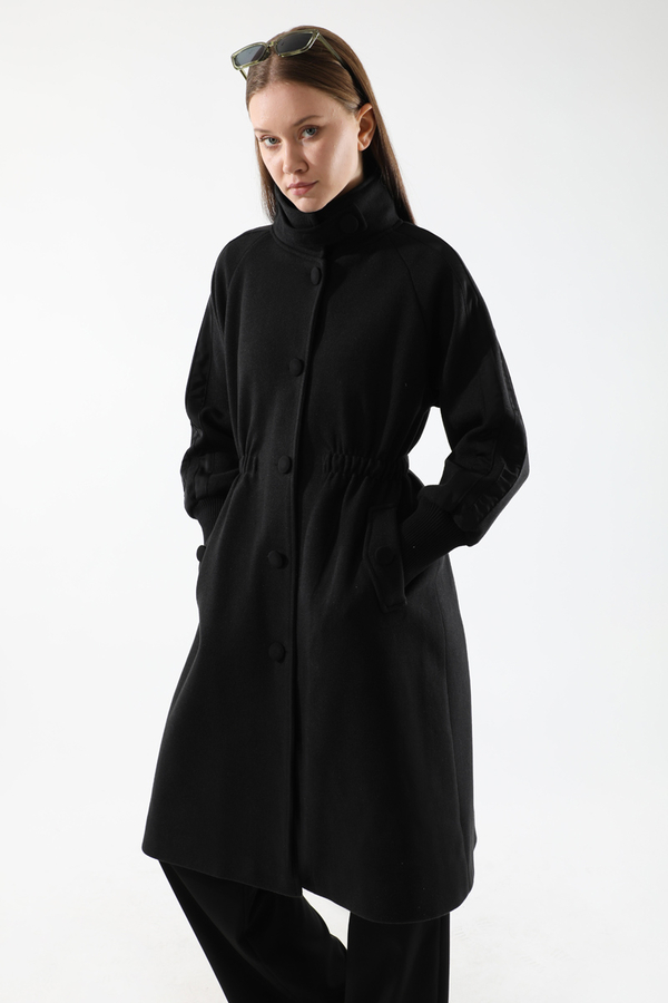 Striped Sleeve Stamp Coat Black - 2