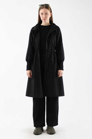 Striped Sleeve Stamp Coat Black - 3