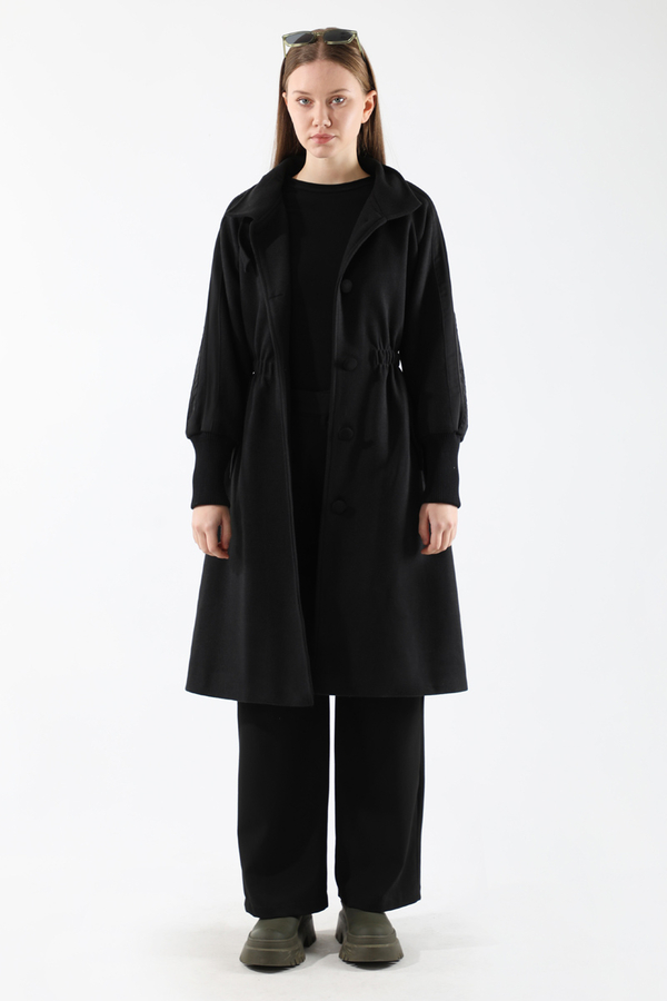 Striped Sleeve Stamp Coat Black - 3
