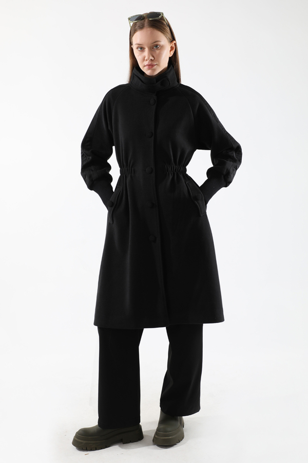 Striped Sleeve Stamp Coat Black - 5