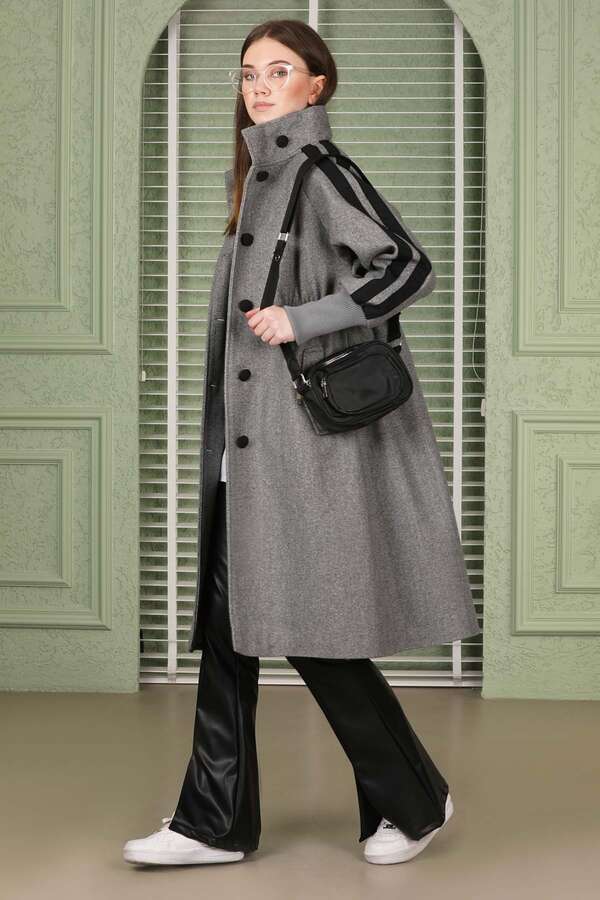 Striped Sleeve Stamp Coat Grey - 1